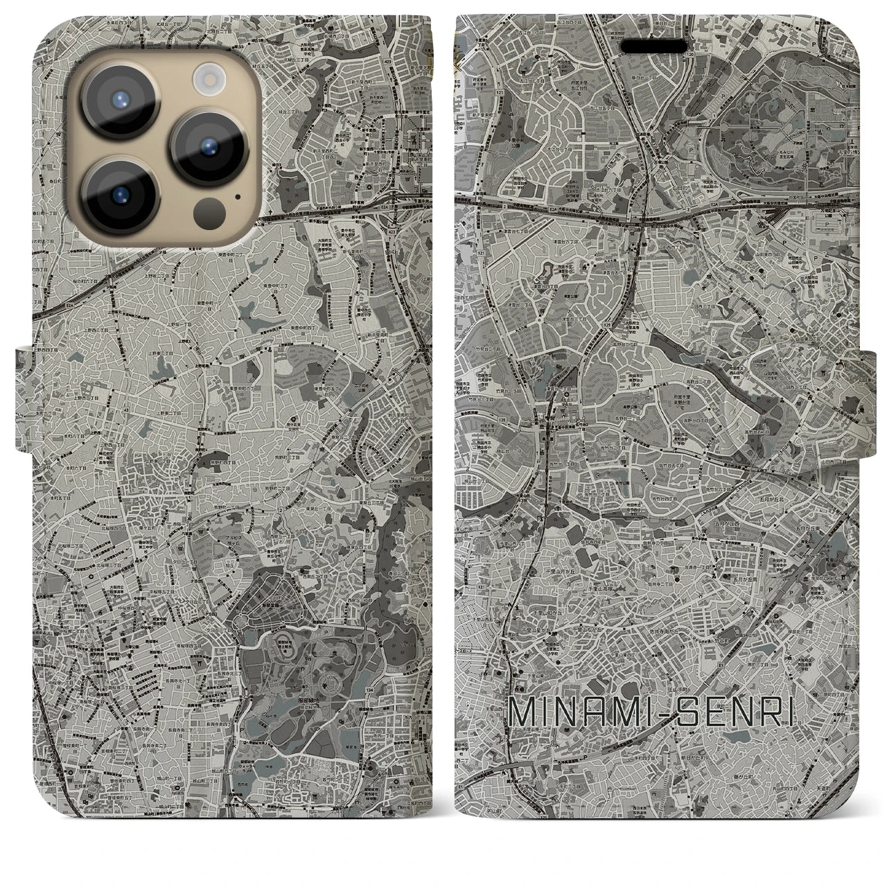 【南千里(大阪府)】地図柄iPhoneケース(手帳タイプ)モノトーン・iPhone 14 Pro Max 用