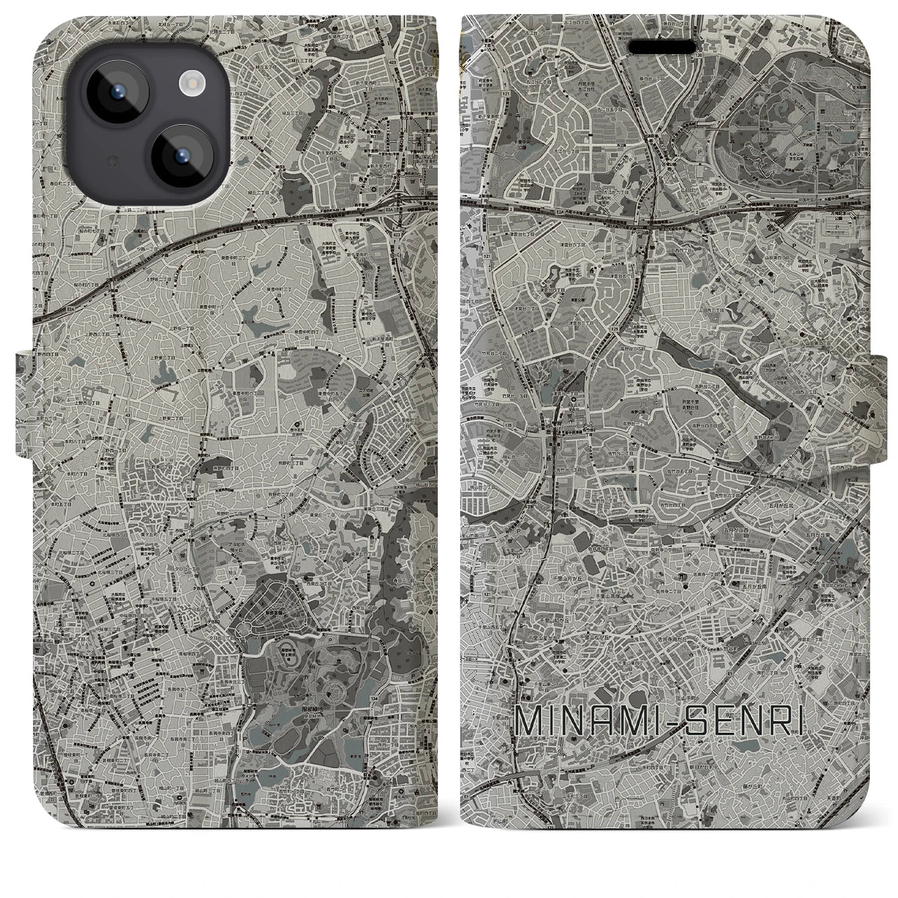 【南千里(大阪府)】地図柄iPhoneケース(手帳タイプ)モノトーン・iPhone 14 Plus 用