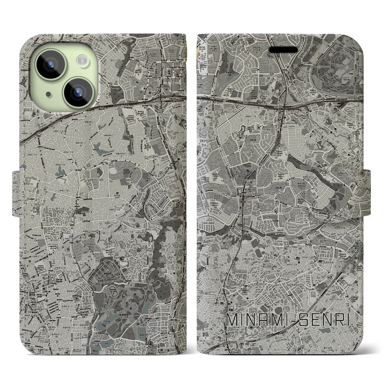 【南千里(大阪府)】地図柄iPhoneケース(手帳タイプ)モノトーン・iPhone 15 用