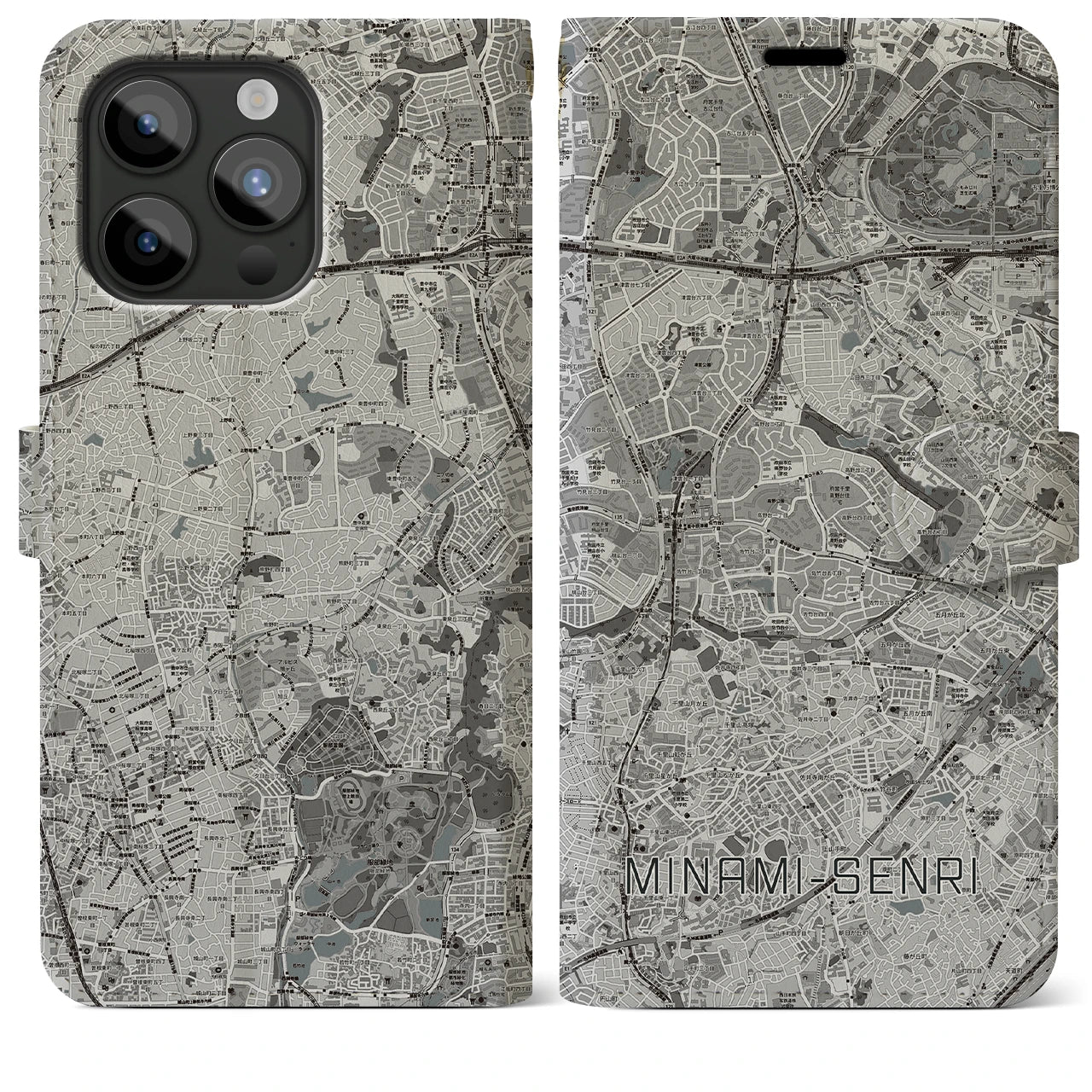 【南千里(大阪府)】地図柄iPhoneケース(手帳タイプ)モノトーン・iPhone 15 Pro Max 用