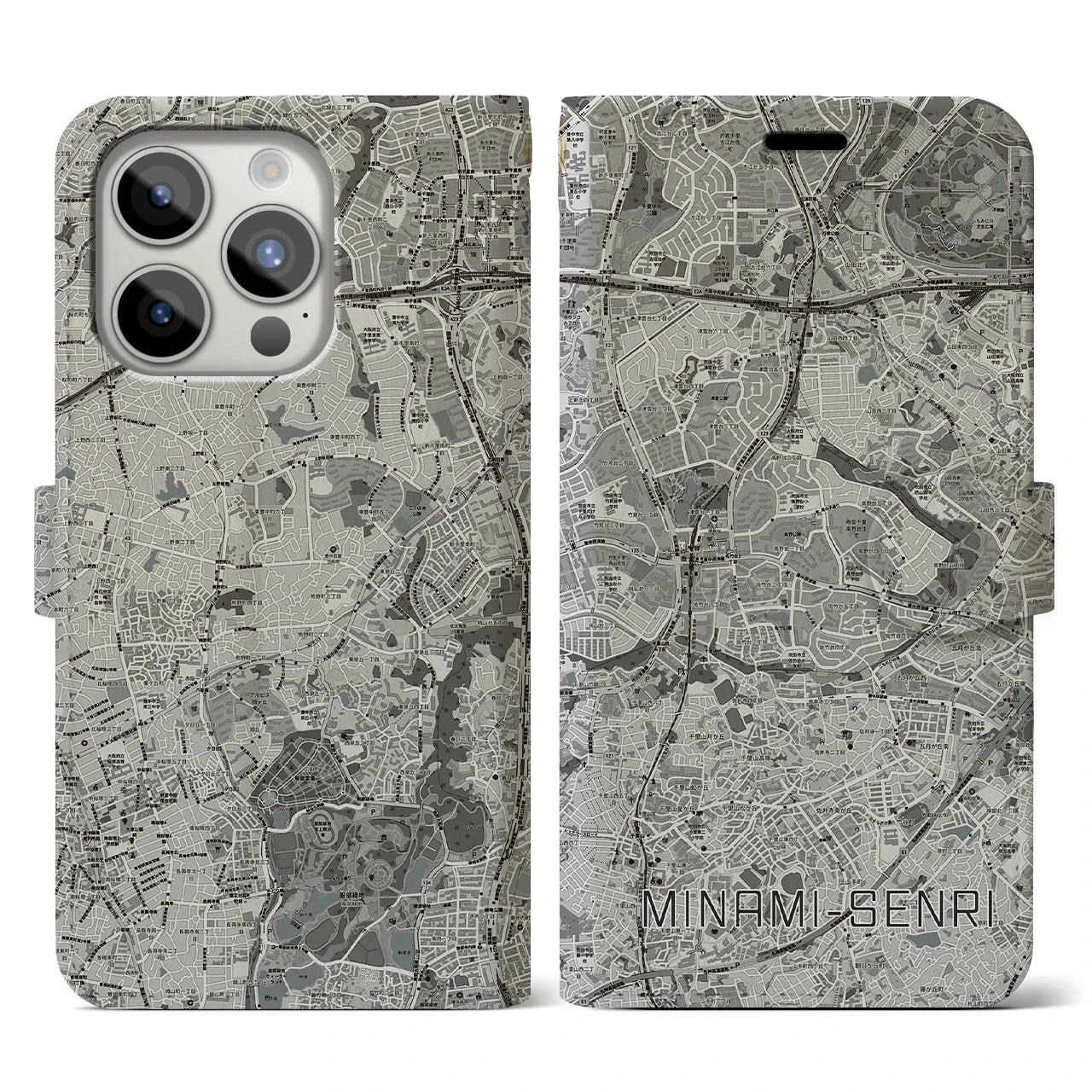 【南千里(大阪府)】地図柄iPhoneケース(手帳タイプ)モノトーン・iPhone 15 Pro 用