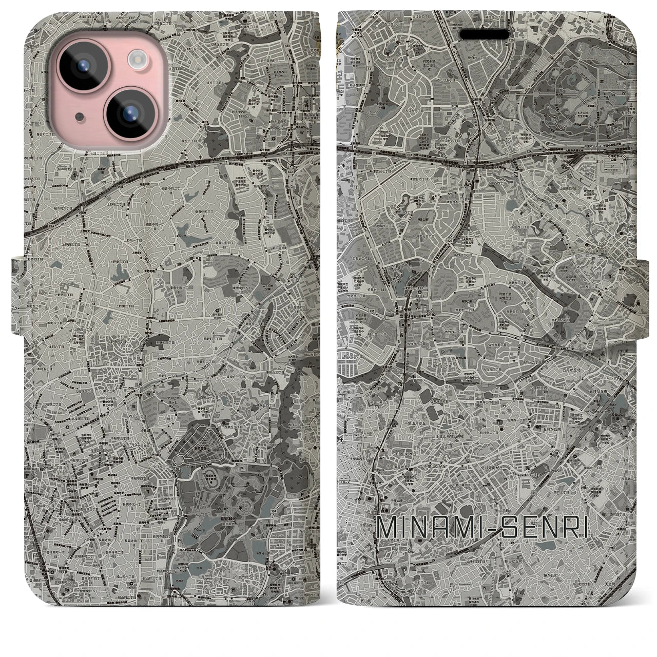 【南千里(大阪府)】地図柄iPhoneケース(手帳タイプ)モノトーン・iPhone 15 Plus 用