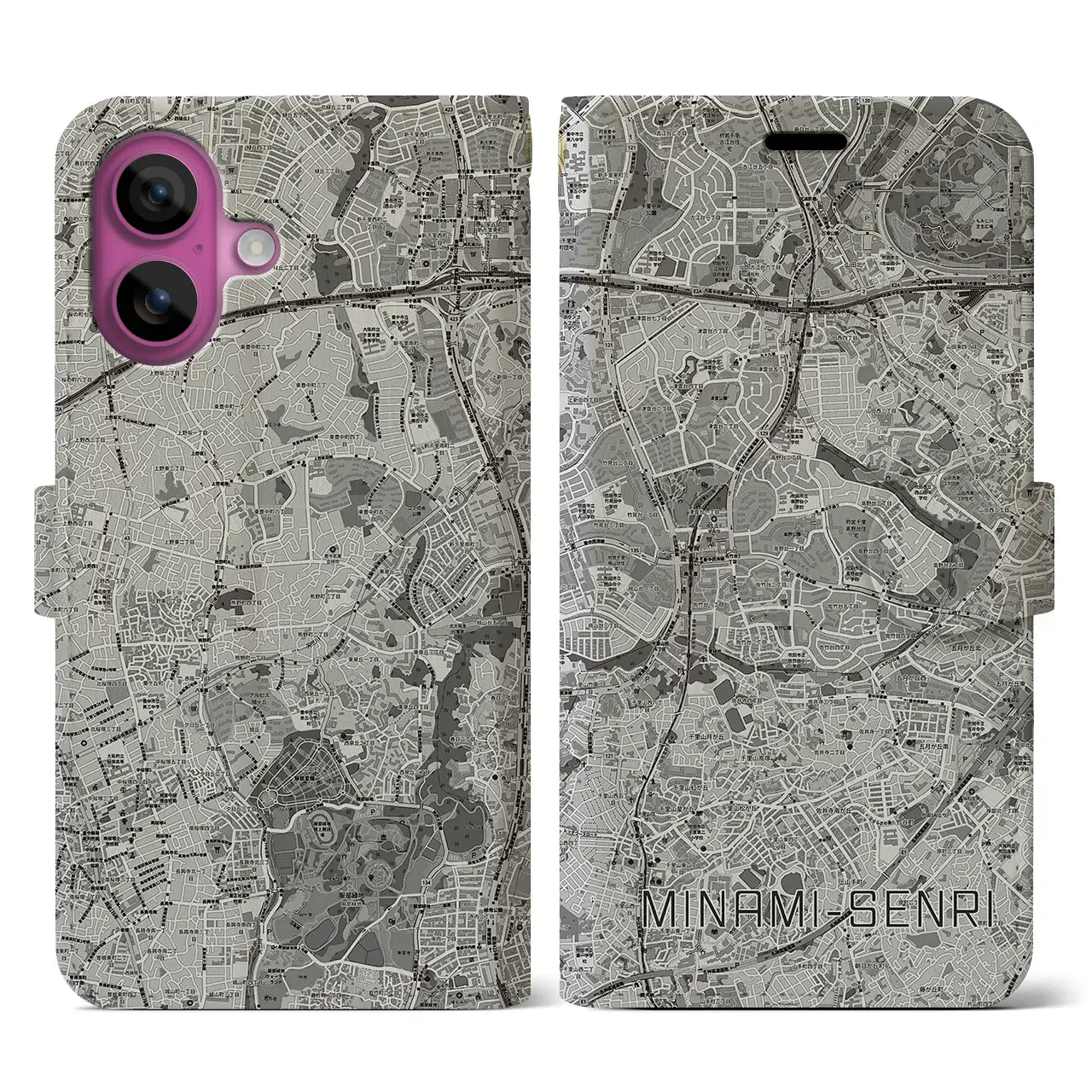 【南千里(大阪府)】地図柄iPhoneケース(手帳タイプ)モノトーン・iPhone 16 Pro 用