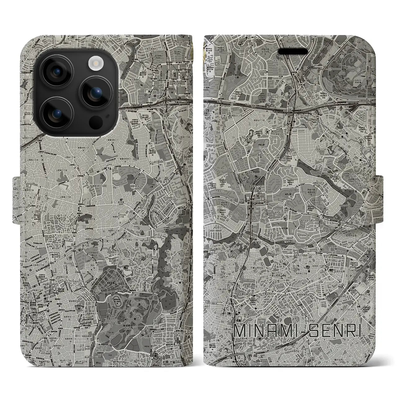 【南千里(大阪府)】地図柄iPhoneケース(手帳タイプ)モノトーン・iPhone 16 用