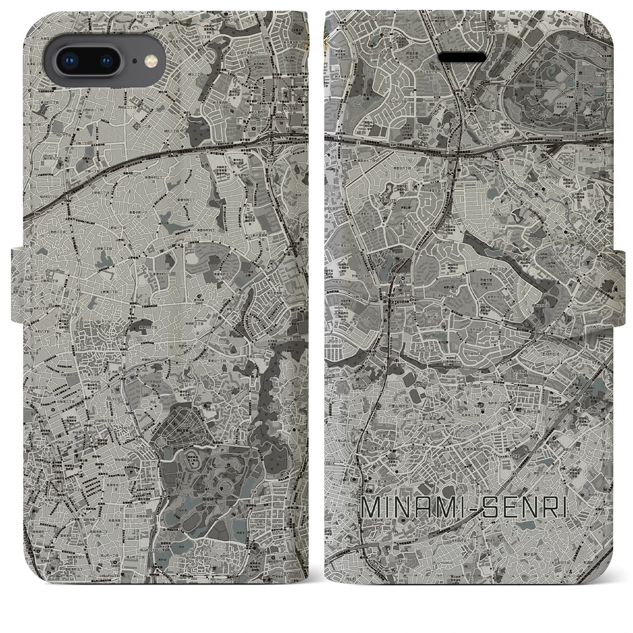 【南千里(大阪府)】地図柄iPhoneケース(手帳タイプ)モノトーン・iPhone 8Plus /7Plus / 6sPlus / 6Plus 用