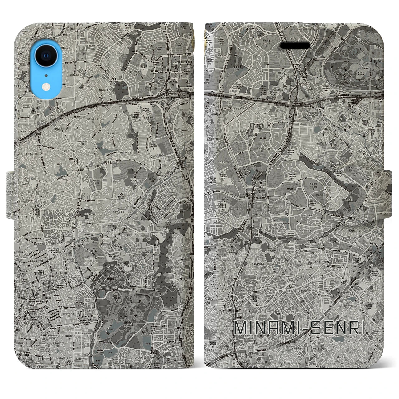 【南千里(大阪府)】地図柄iPhoneケース(手帳タイプ)モノトーン・iPhone XR 用