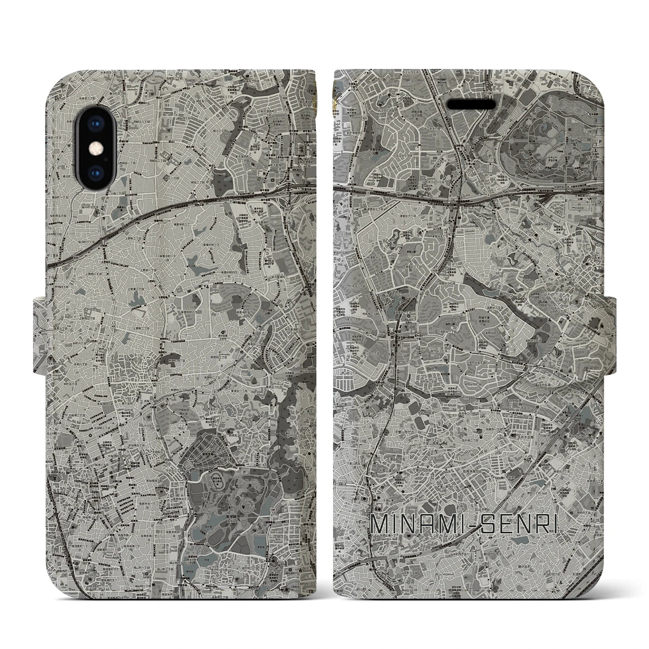 【南千里(大阪府)】地図柄iPhoneケース(手帳タイプ)モノトーン・iPhone XS / X 用