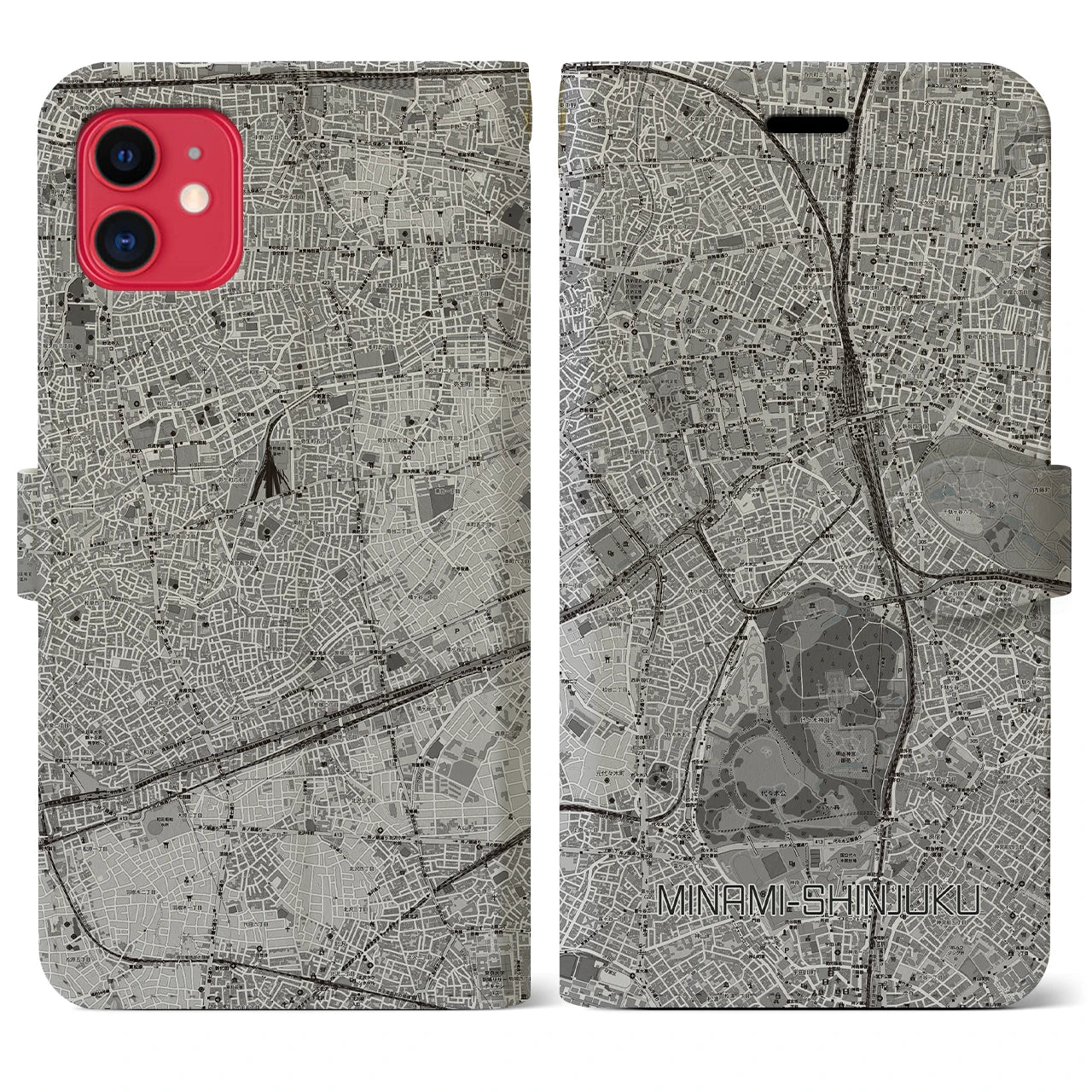 【南新宿(東京都)】地図柄iPhoneケース(手帳タイプ)モノトーン・iPhone 11 用