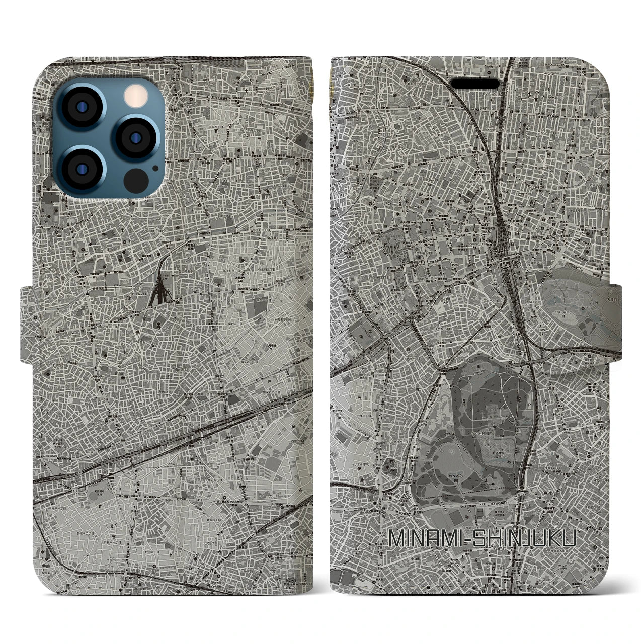【南新宿(東京都)】地図柄iPhoneケース(手帳タイプ)モノトーン・iPhone 12 / 12 Pro 用