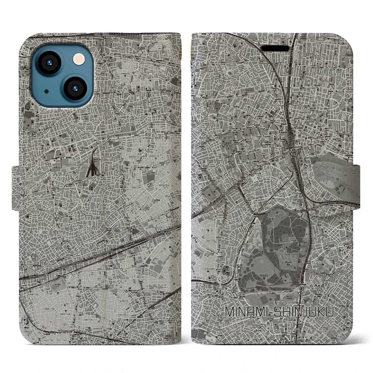 【南新宿(東京都)】地図柄iPhoneケース(手帳タイプ)モノトーン・iPhone 13 用