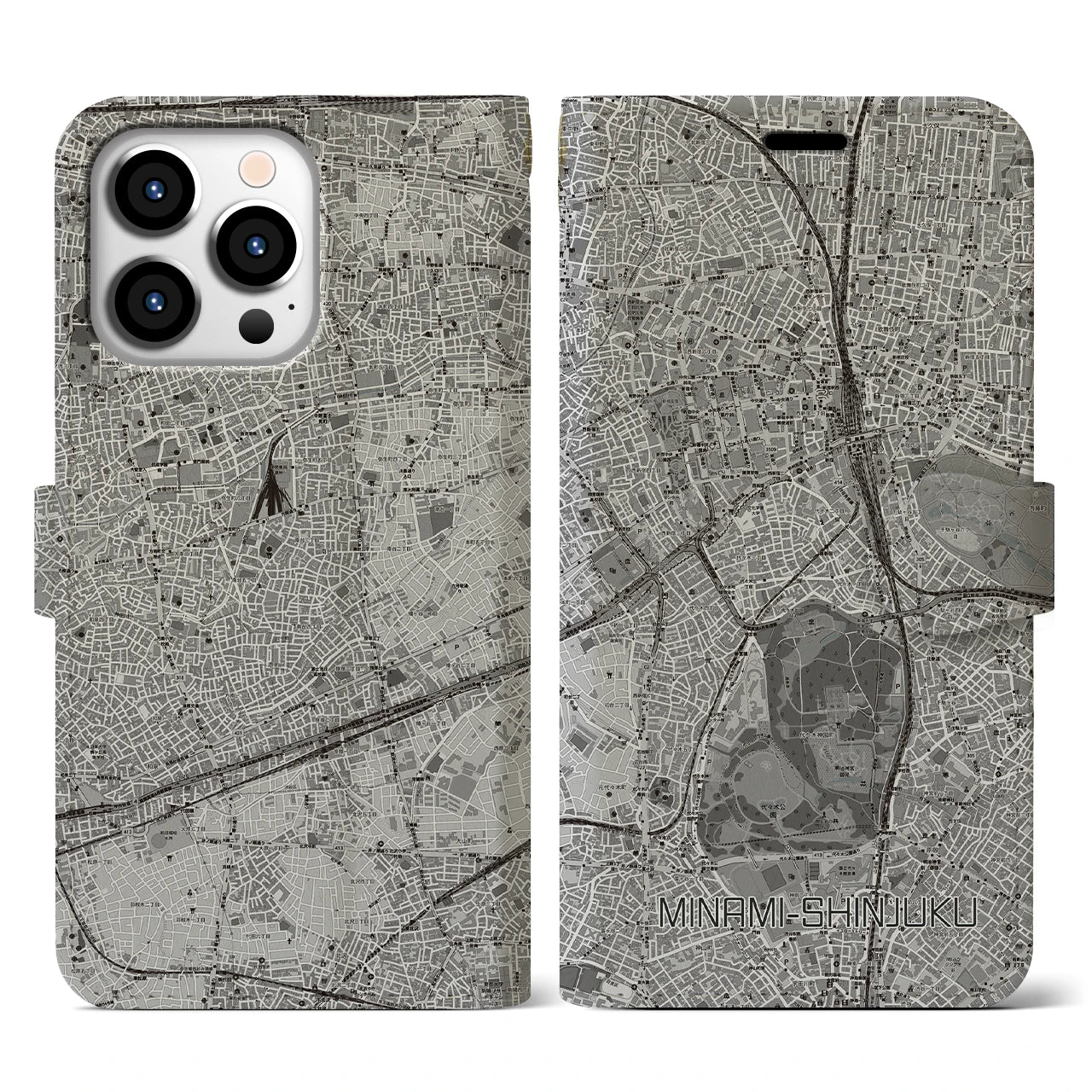 【南新宿(東京都)】地図柄iPhoneケース(手帳タイプ)モノトーン・iPhone 13 Pro 用