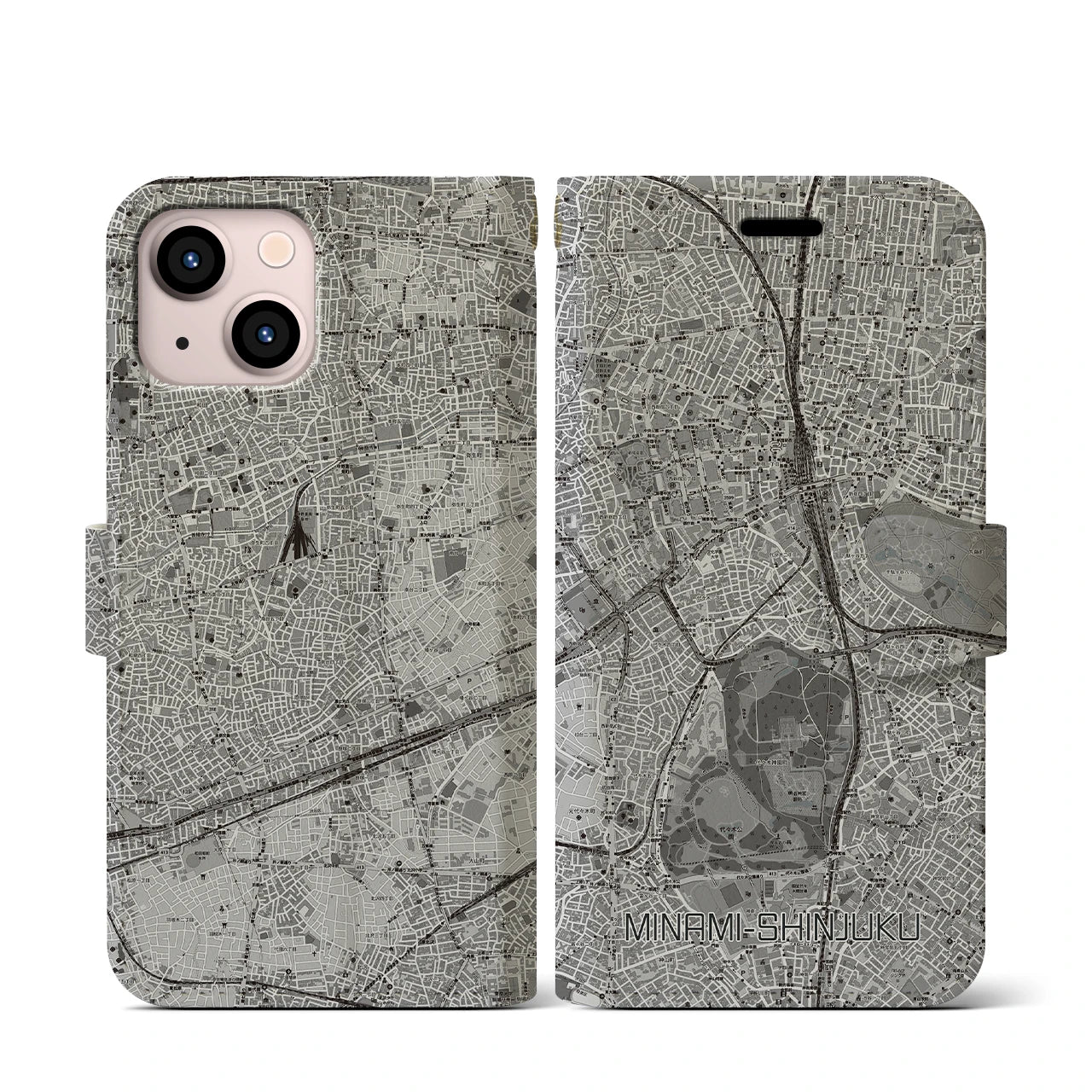 【南新宿(東京都)】地図柄iPhoneケース(手帳タイプ)モノトーン・iPhone 13 mini 用