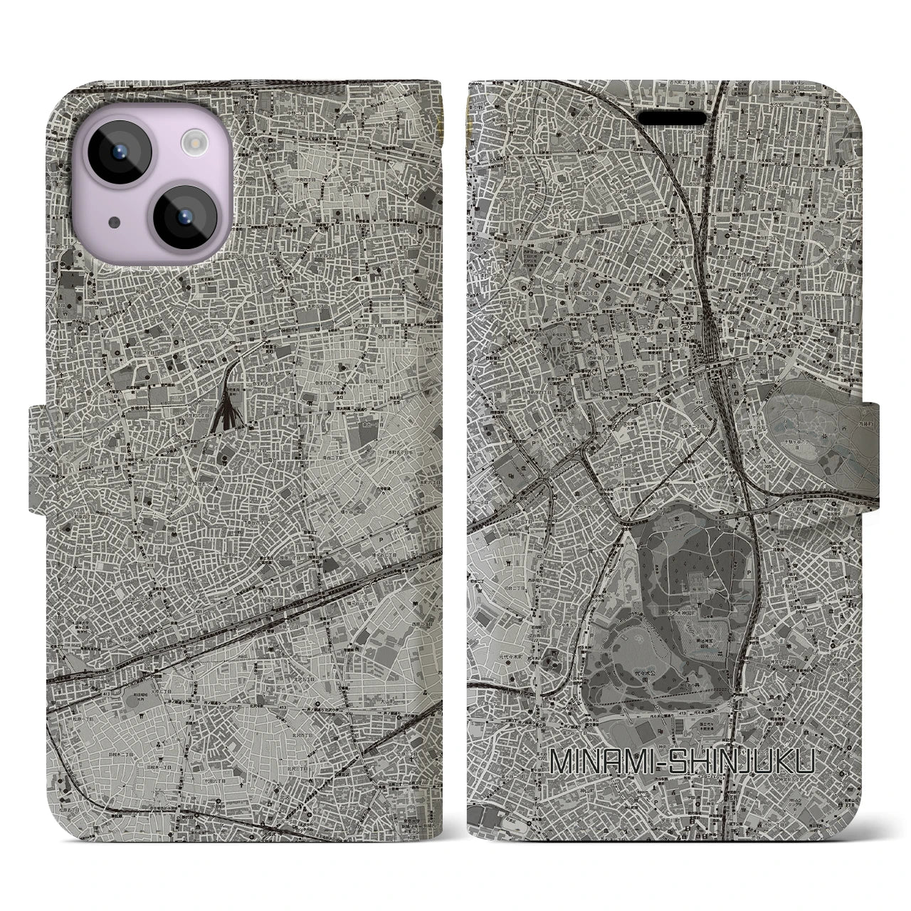 【南新宿(東京都)】地図柄iPhoneケース(手帳タイプ)モノトーン・iPhone 14 用