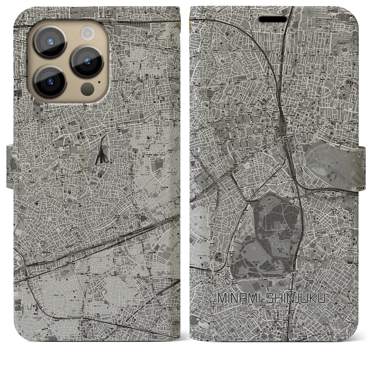 【南新宿(東京都)】地図柄iPhoneケース(手帳タイプ)モノトーン・iPhone 14 Pro Max 用