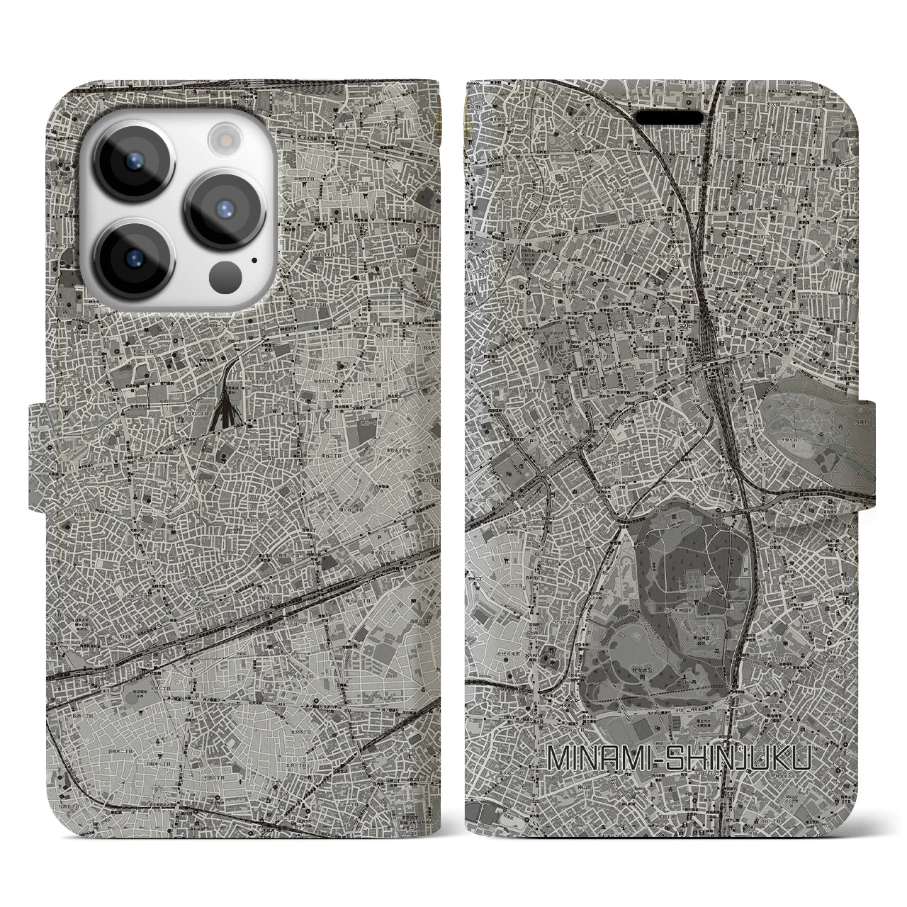 【南新宿(東京都)】地図柄iPhoneケース(手帳タイプ)モノトーン・iPhone 14 Pro 用