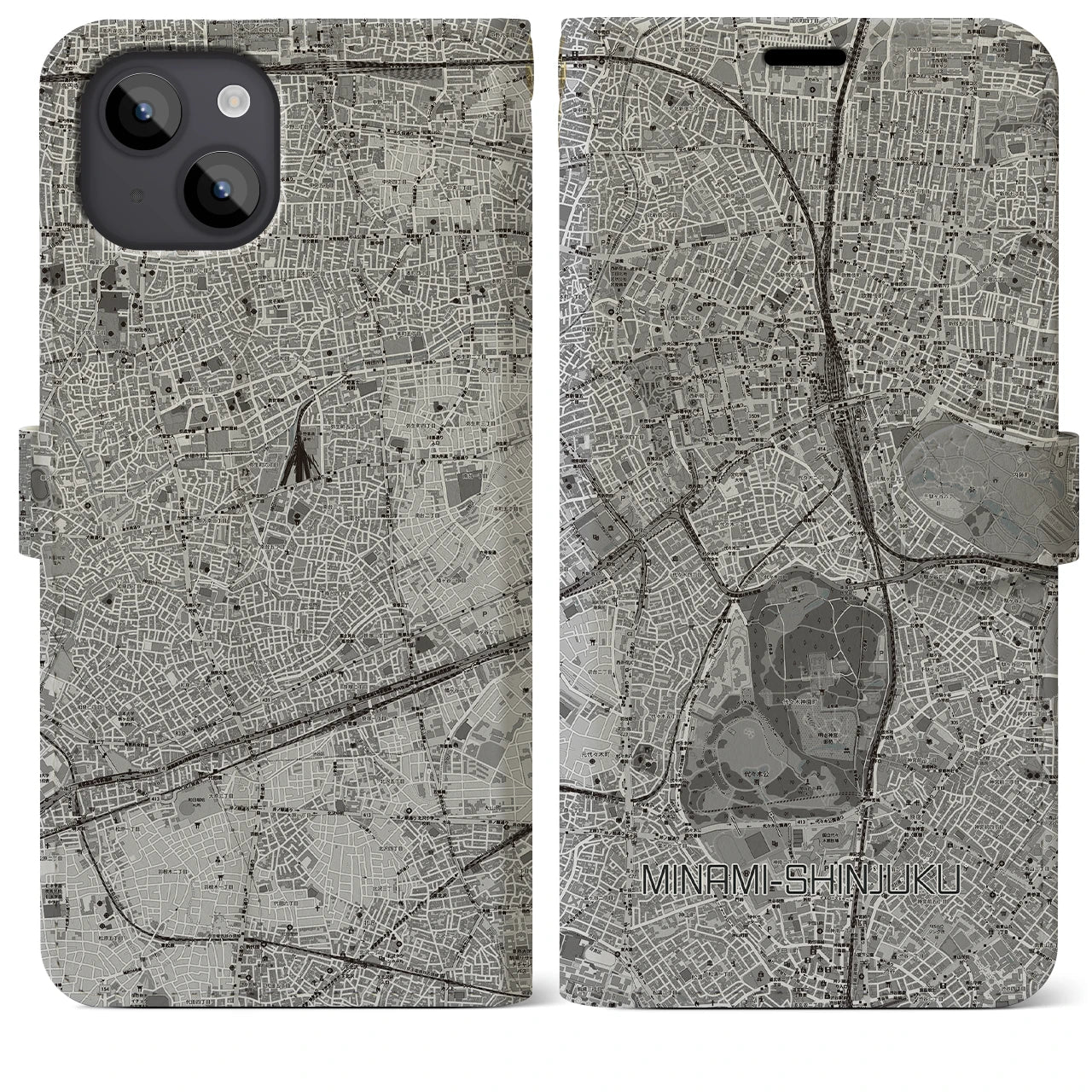 【南新宿(東京都)】地図柄iPhoneケース(手帳タイプ)モノトーン・iPhone 14 Plus 用