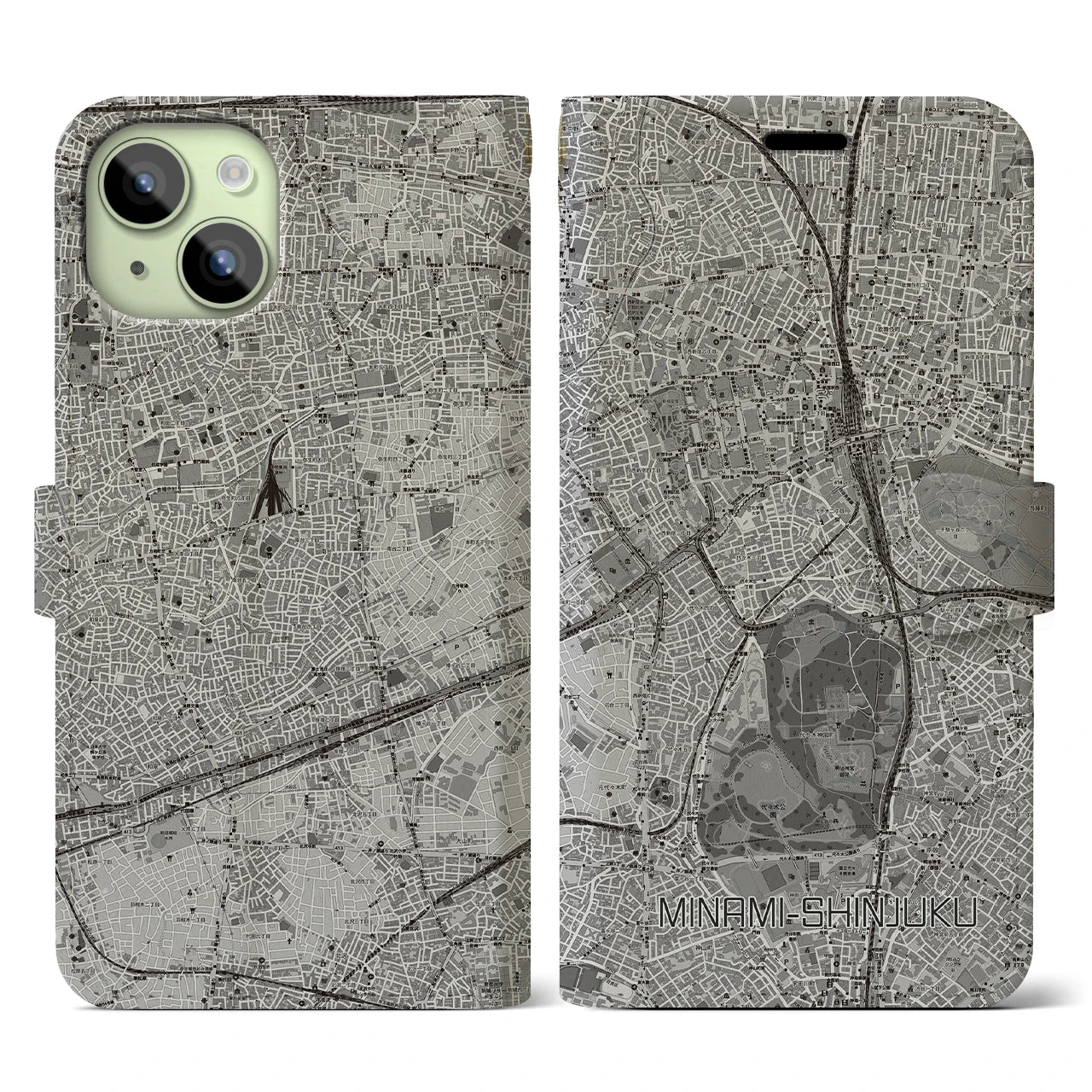 【南新宿(東京都)】地図柄iPhoneケース(手帳タイプ)モノトーン・iPhone 15 用