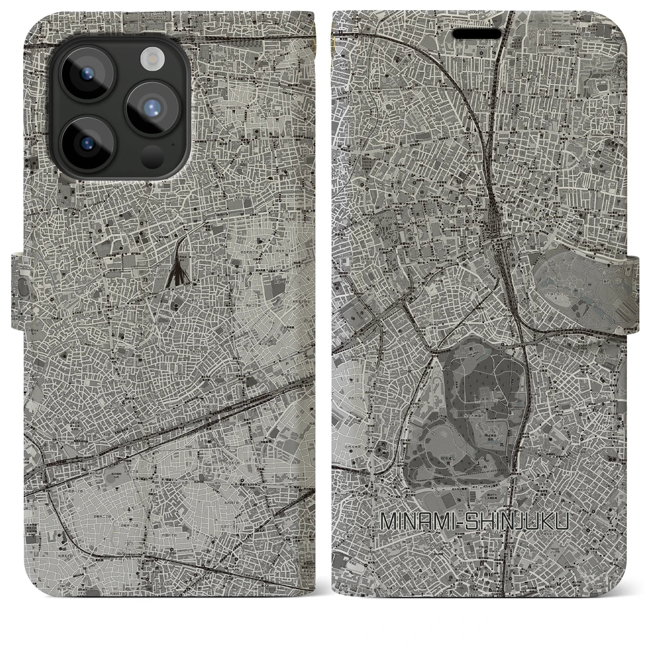 【南新宿(東京都)】地図柄iPhoneケース(手帳タイプ)モノトーン・iPhone 15 Pro Max 用
