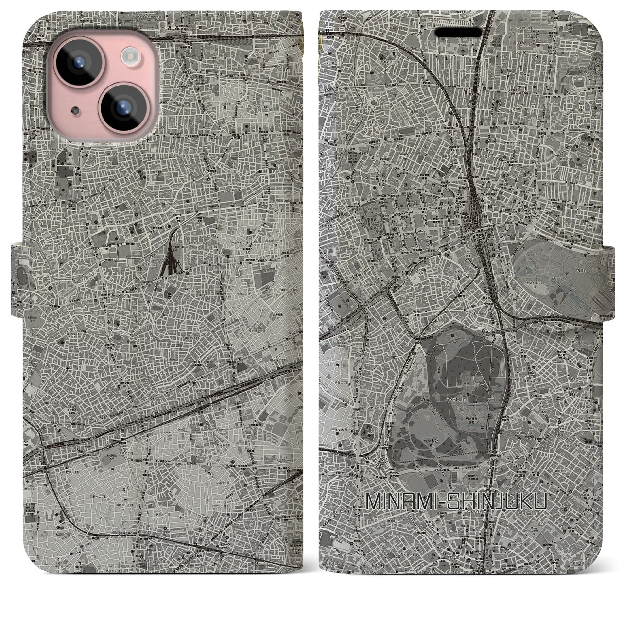 【南新宿(東京都)】地図柄iPhoneケース(手帳タイプ)モノトーン・iPhone 15 Plus 用