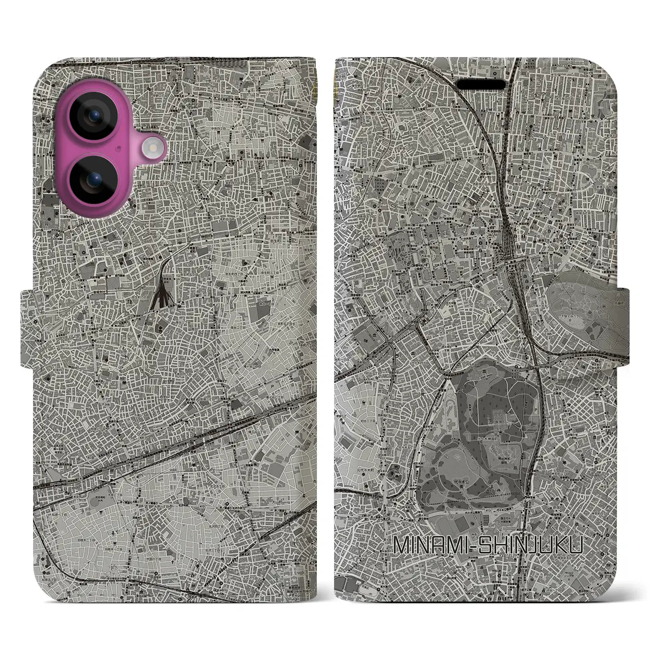 【南新宿(東京都)】地図柄iPhoneケース(手帳タイプ)モノトーン・iPhone 16 Pro 用