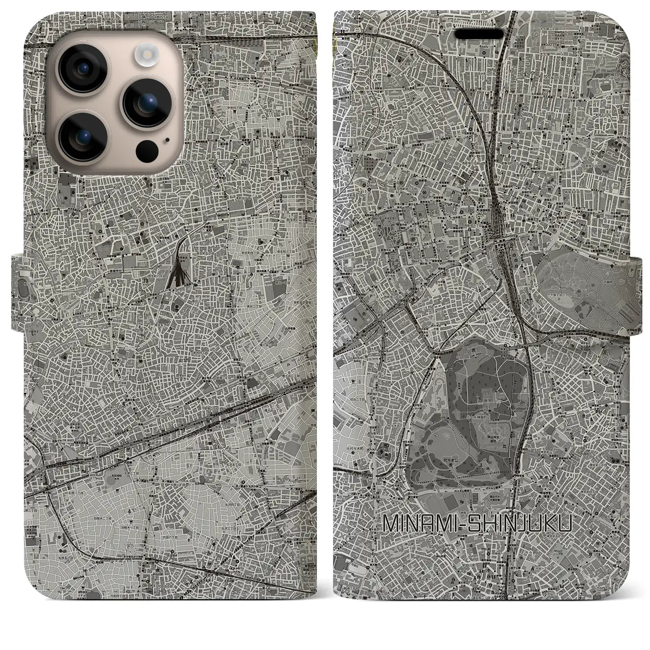 【南新宿(東京都)】地図柄iPhoneケース(手帳タイプ)モノトーン・iPhone 16 Plus 用