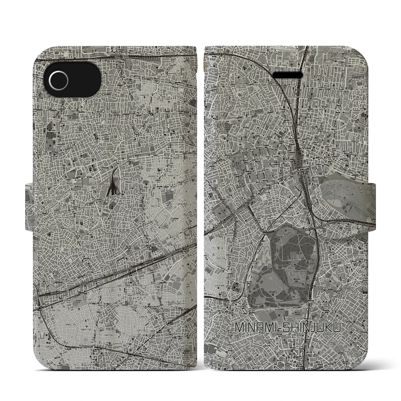 【南新宿(東京都)】地図柄iPhoneケース(手帳タイプ)モノトーン・iPhone SE(第3 / 第2世代) / 8 / 7 / 6s / 6 用