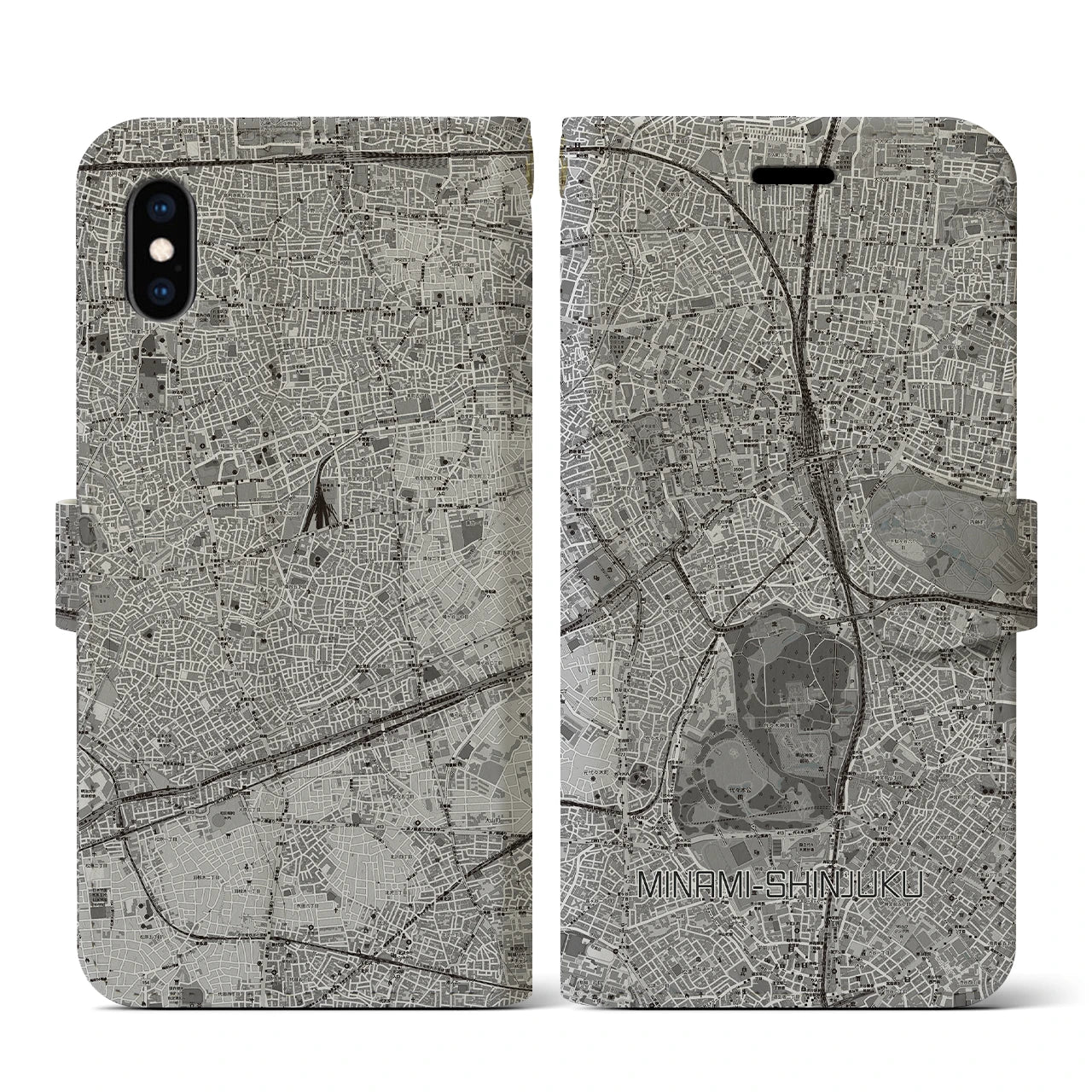 【南新宿(東京都)】地図柄iPhoneケース(手帳タイプ)モノトーン・iPhone XS / X 用