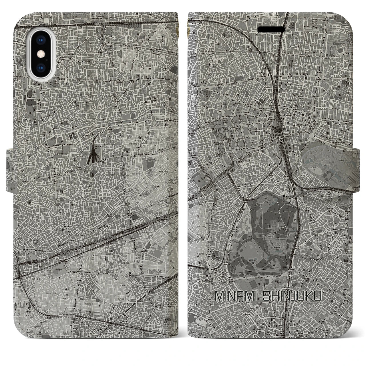 【南新宿(東京都)】地図柄iPhoneケース(手帳タイプ)モノトーン・iPhone XS Max 用
