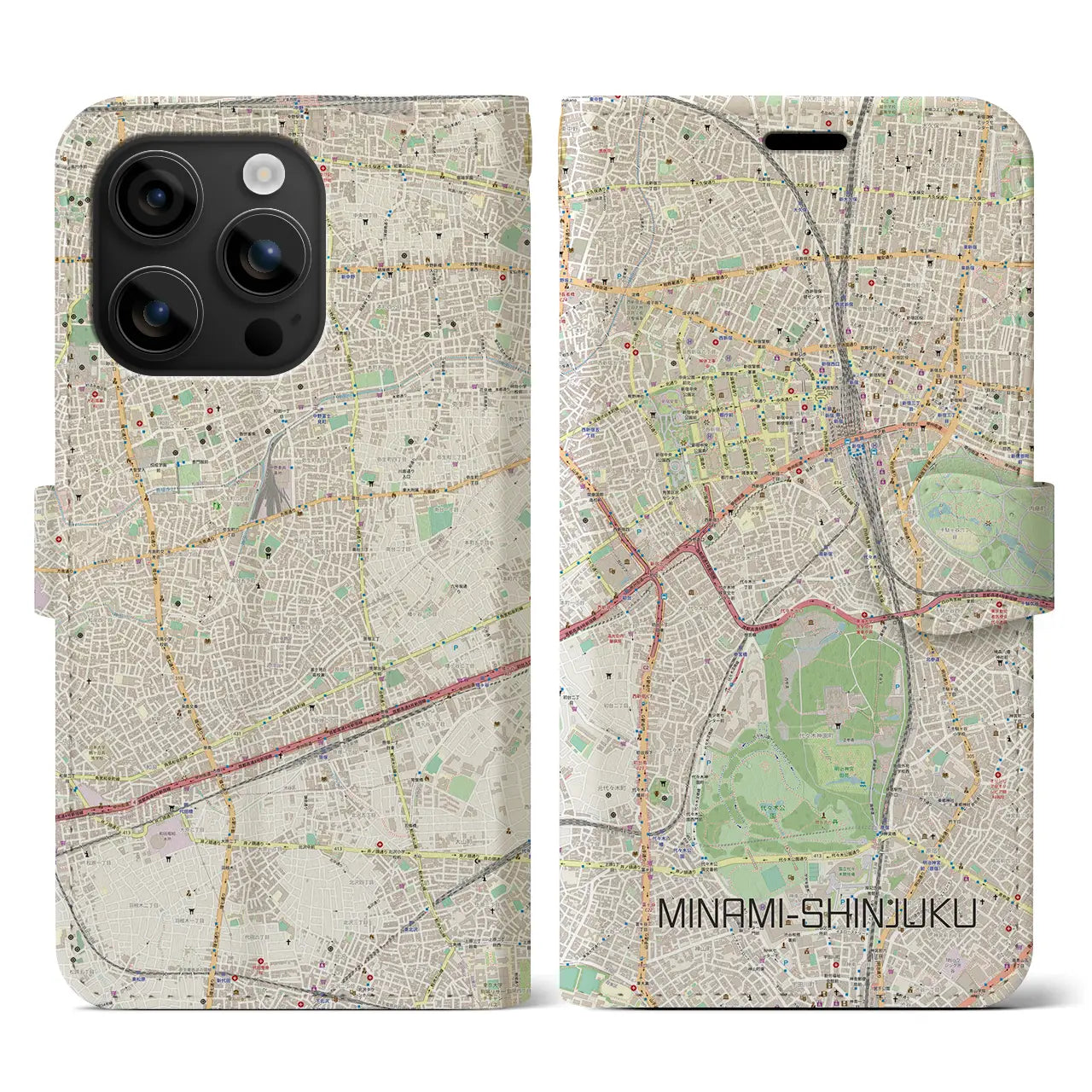 【南新宿(東京都)】地図柄iPhoneケース(手帳タイプ)ナチュラル・iPhone 16 用