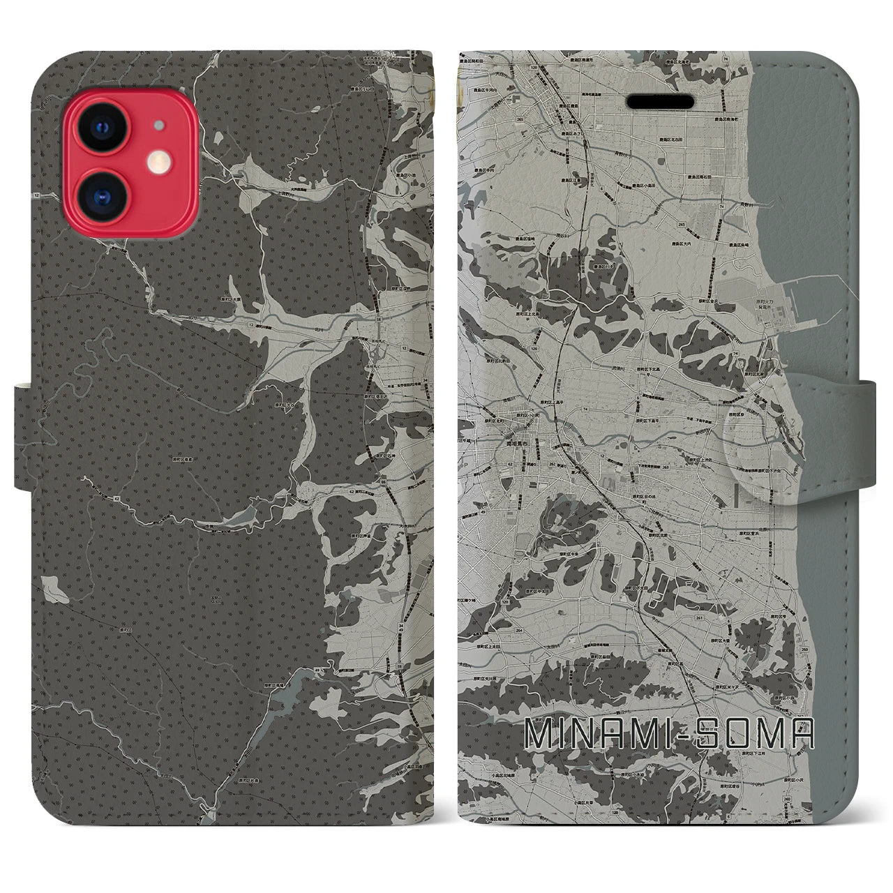 【南相馬(福島県)】地図柄iPhoneケース(手帳タイプ)モノトーン・iPhone 11 用