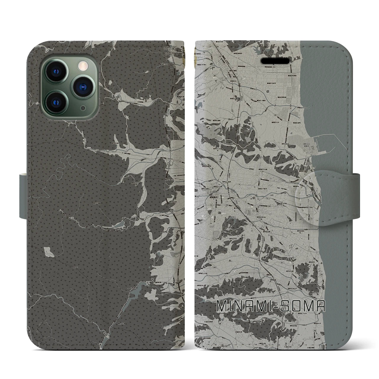 【南相馬(福島県)】地図柄iPhoneケース(手帳タイプ)モノトーン・iPhone 11 Pro 用