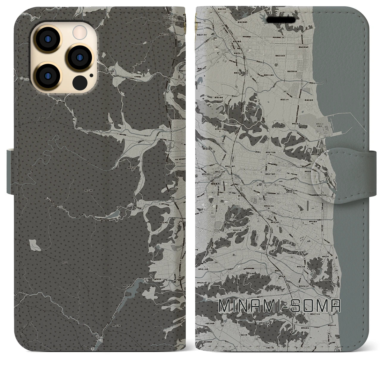 【南相馬(福島県)】地図柄iPhoneケース(手帳タイプ)モノトーン・iPhone 12 Pro Max 用