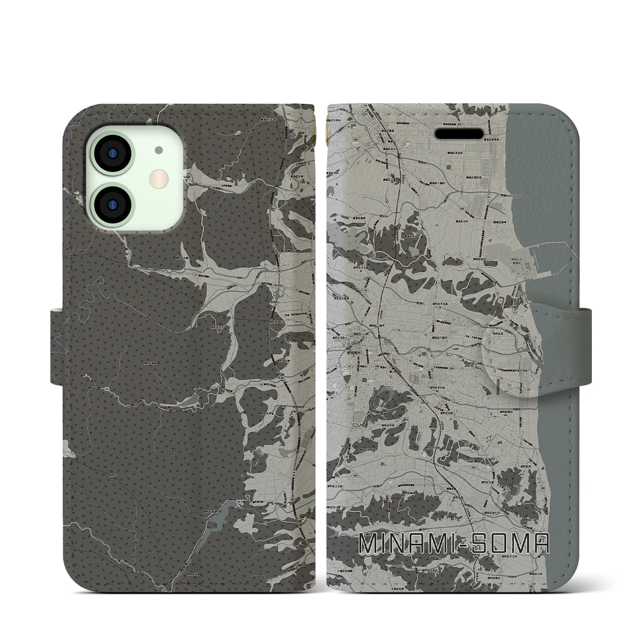 【南相馬(福島県)】地図柄iPhoneケース(手帳タイプ)モノトーン・iPhone 12 mini 用