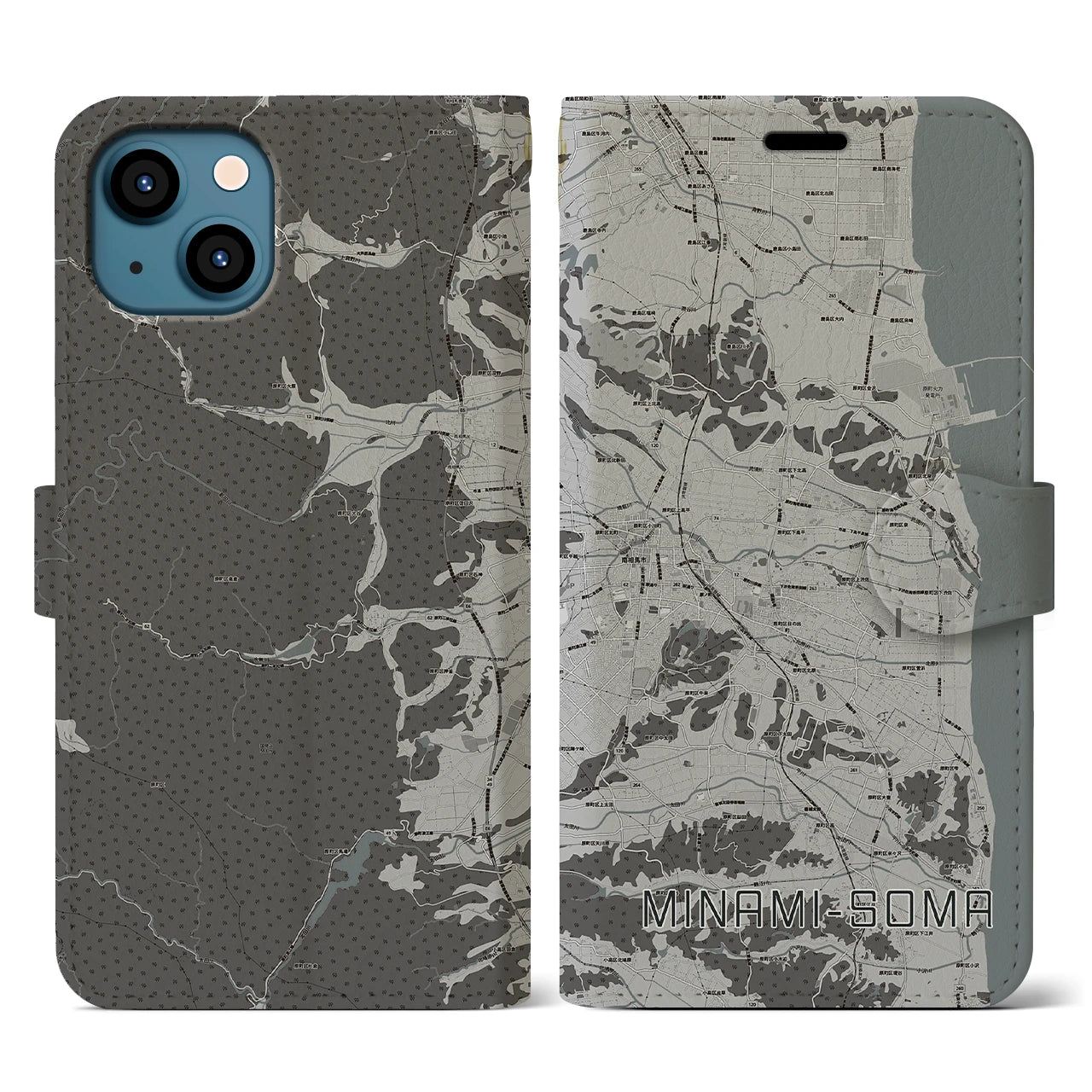 【南相馬(福島県)】地図柄iPhoneケース(手帳タイプ)モノトーン・iPhone 13 用