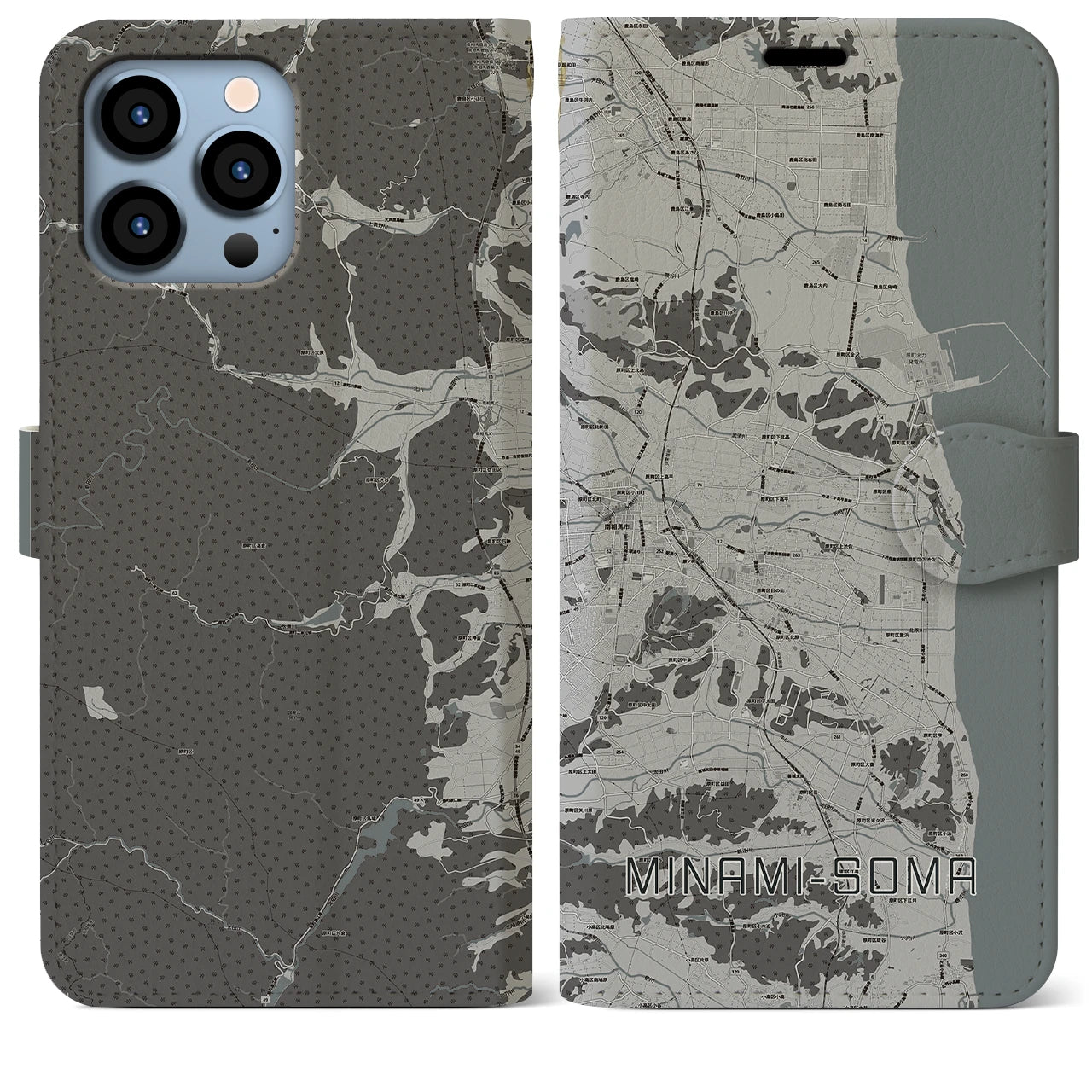 【南相馬(福島県)】地図柄iPhoneケース(手帳タイプ)モノトーン・iPhone 13 Pro Max 用