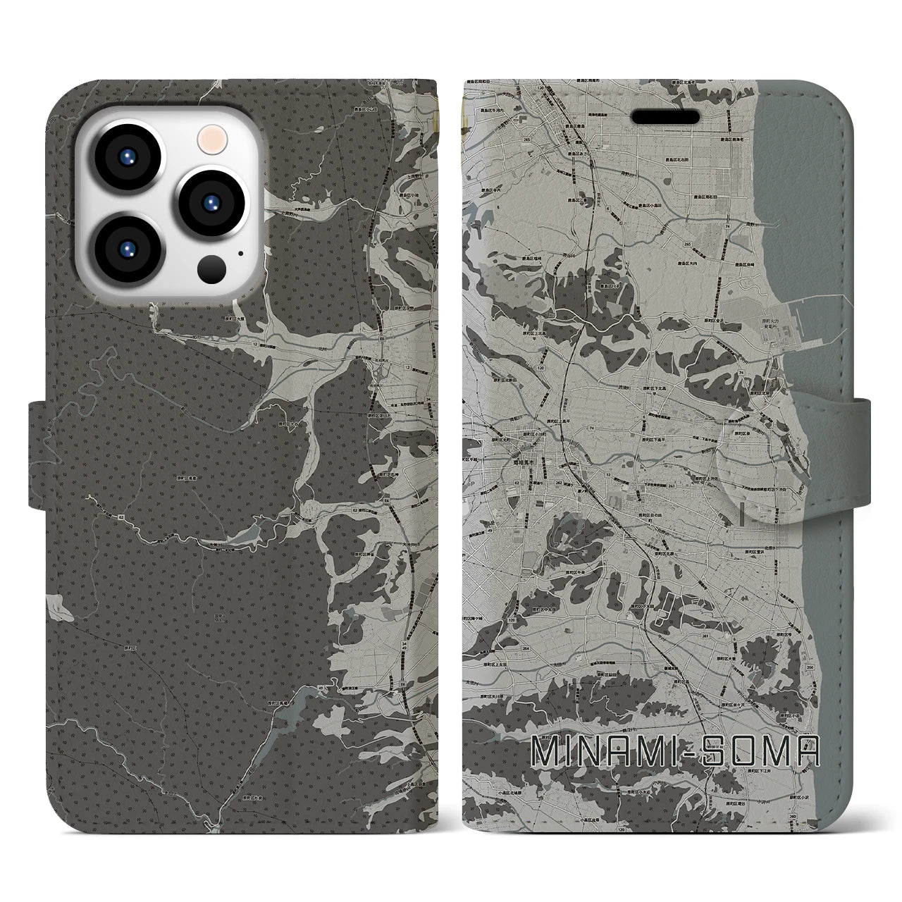 【南相馬(福島県)】地図柄iPhoneケース(手帳タイプ)モノトーン・iPhone 13 Pro 用