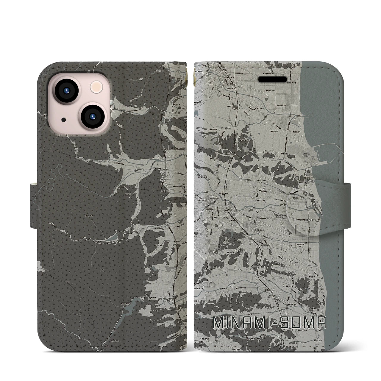 【南相馬(福島県)】地図柄iPhoneケース(手帳タイプ)モノトーン・iPhone 13 mini 用