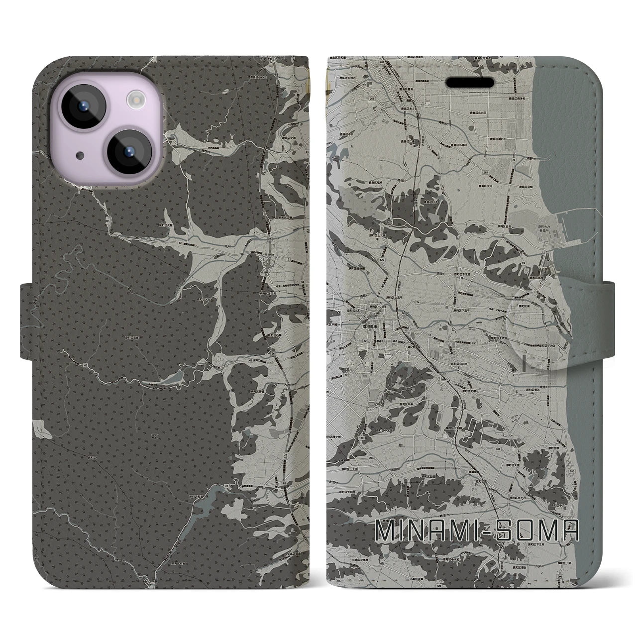 【南相馬(福島県)】地図柄iPhoneケース(手帳タイプ)モノトーン・iPhone 14 用