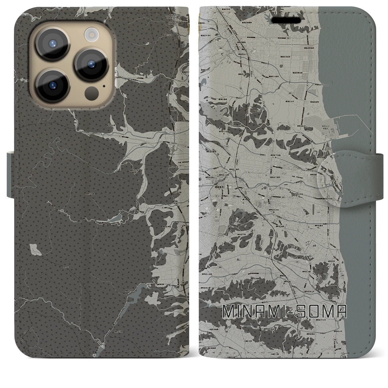 【南相馬(福島県)】地図柄iPhoneケース(手帳タイプ)モノトーン・iPhone 14 Pro Max 用