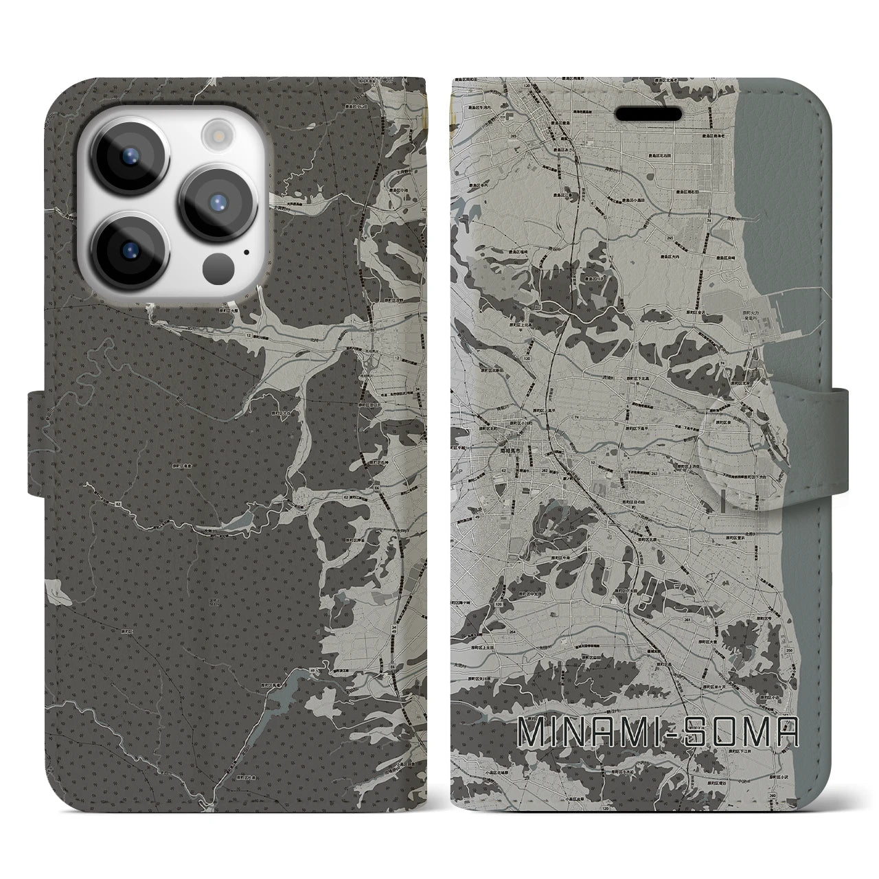 【南相馬(福島県)】地図柄iPhoneケース(手帳タイプ)モノトーン・iPhone 14 Pro 用