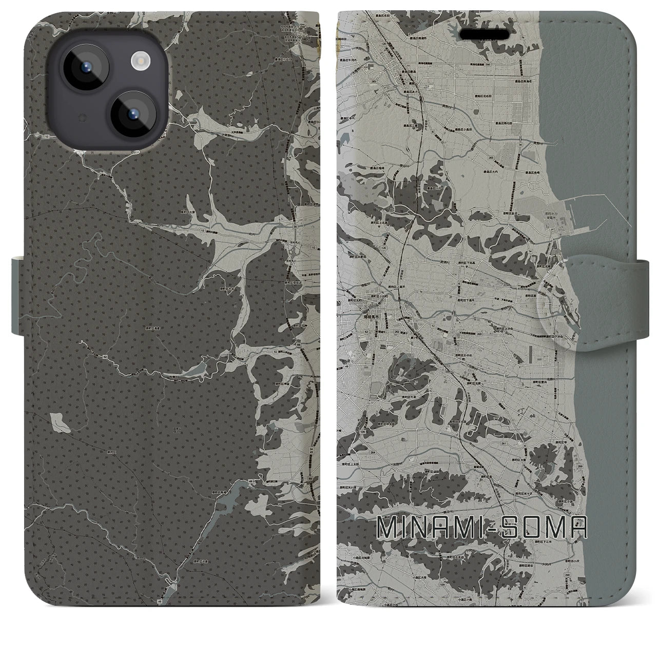【南相馬(福島県)】地図柄iPhoneケース(手帳タイプ)モノトーン・iPhone 14 Plus 用