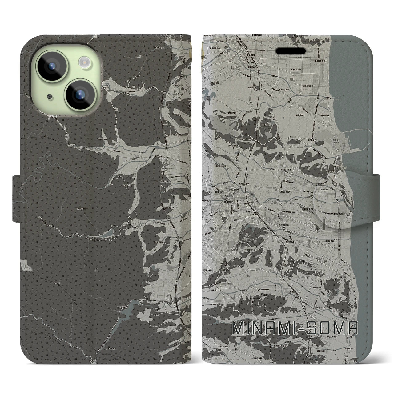 【南相馬(福島県)】地図柄iPhoneケース(手帳タイプ)モノトーン・iPhone 15 用