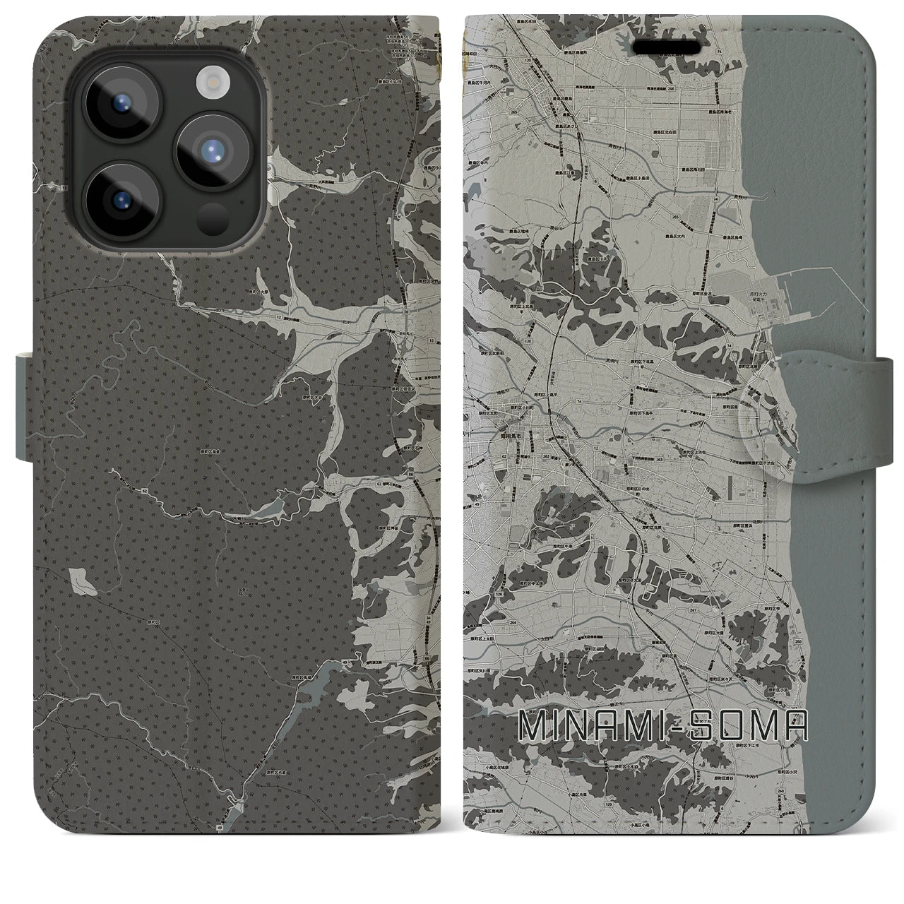 【南相馬(福島県)】地図柄iPhoneケース(手帳タイプ)モノトーン・iPhone 15 Pro Max 用