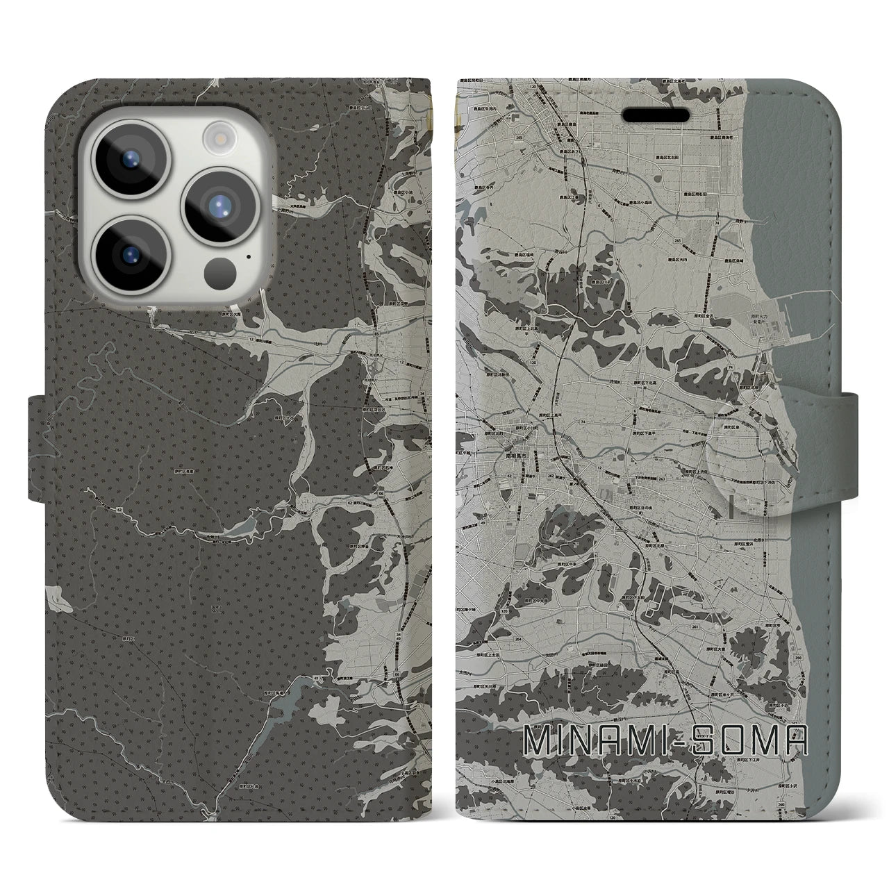 【南相馬(福島県)】地図柄iPhoneケース(手帳タイプ)モノトーン・iPhone 15 Pro 用