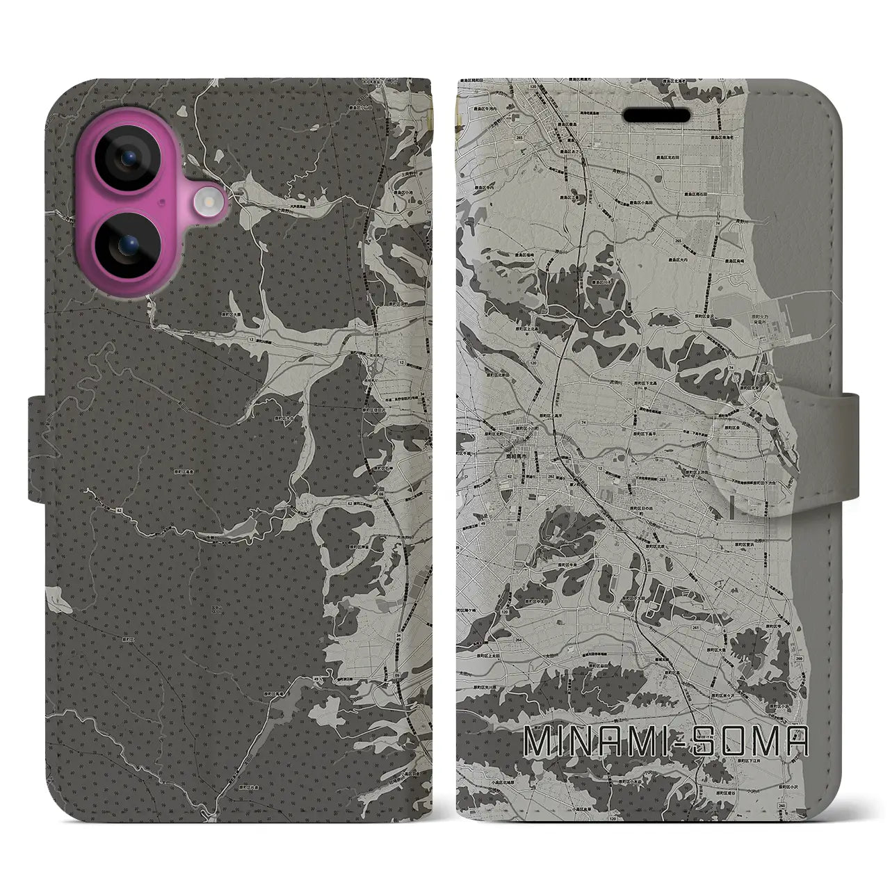 【南相馬(福島県)】地図柄iPhoneケース(手帳タイプ)モノトーン・iPhone 16 Pro 用