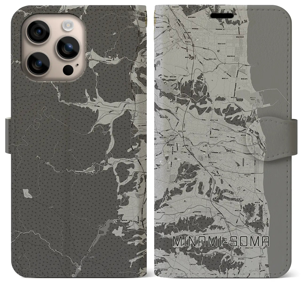 【南相馬(福島県)】地図柄iPhoneケース(手帳タイプ)モノトーン・iPhone 16 Plus 用