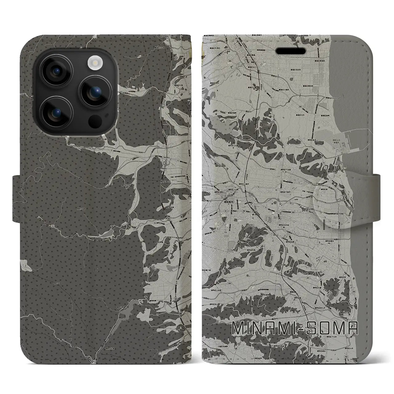 【南相馬(福島県)】地図柄iPhoneケース(手帳タイプ)モノトーン・iPhone 16 用