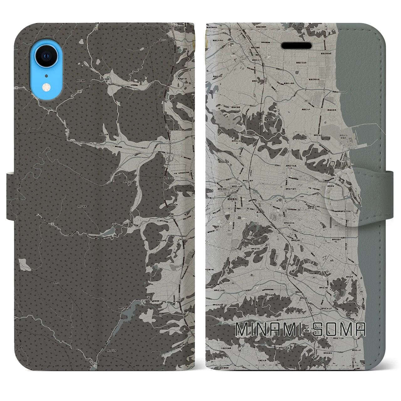 【南相馬(福島県)】地図柄iPhoneケース(手帳タイプ)モノトーン・iPhone XR 用