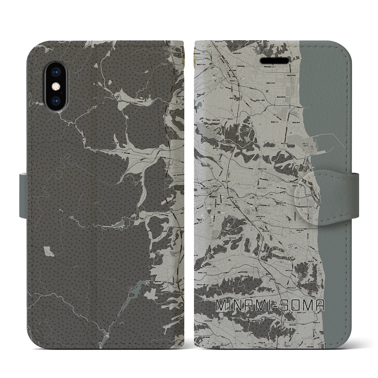【南相馬(福島県)】地図柄iPhoneケース(手帳タイプ)モノトーン・iPhone XS / X 用