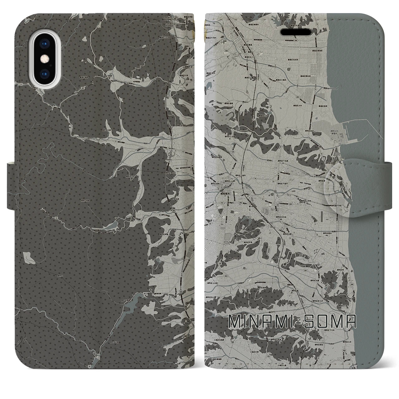 【南相馬(福島県)】地図柄iPhoneケース(手帳タイプ)モノトーン・iPhone XS Max 用